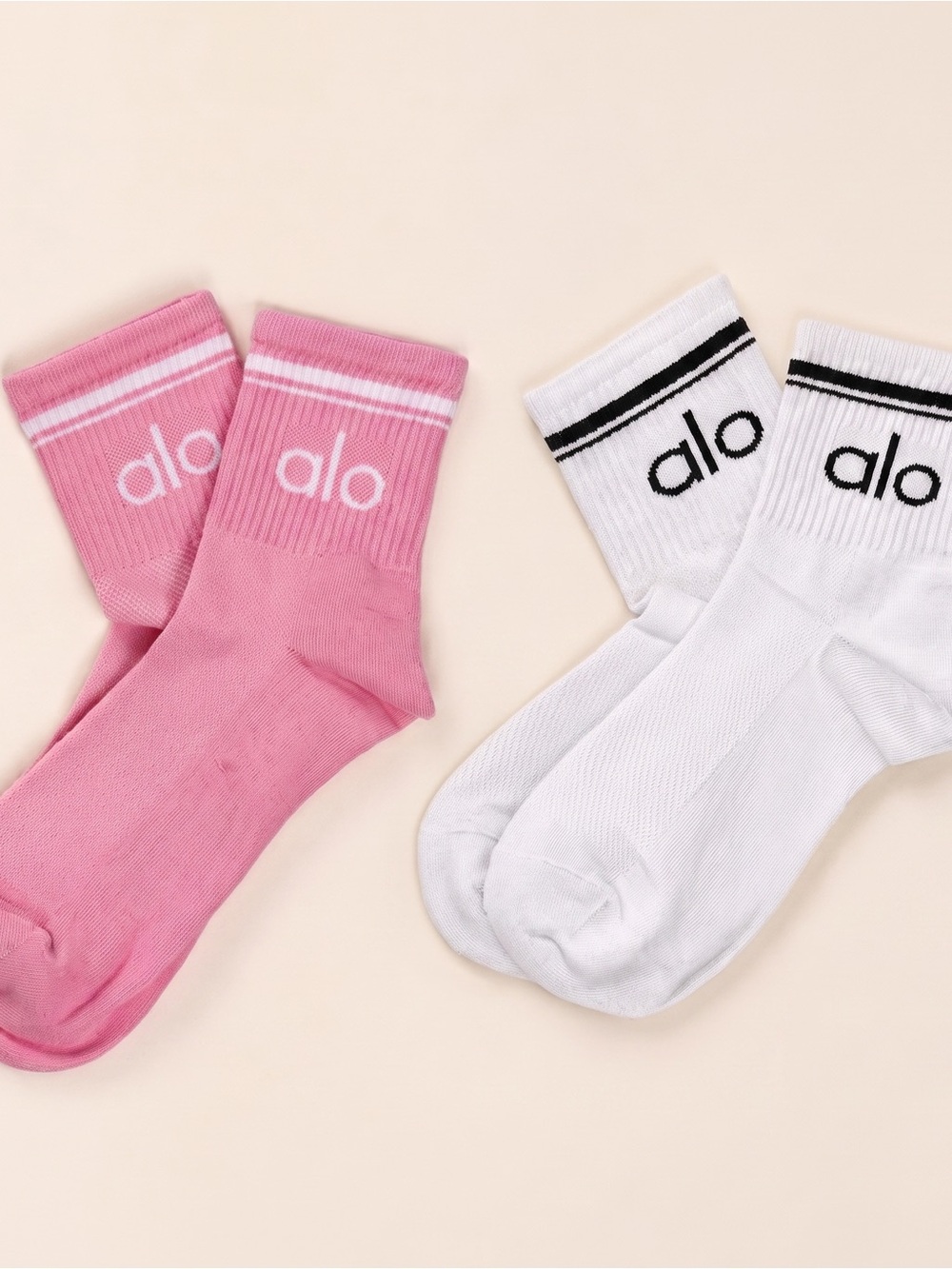 ALO Yoga Unisex Throwback Half-Crew Socks 2-Pair Bundle Pink & White L - Picture 2 of 2